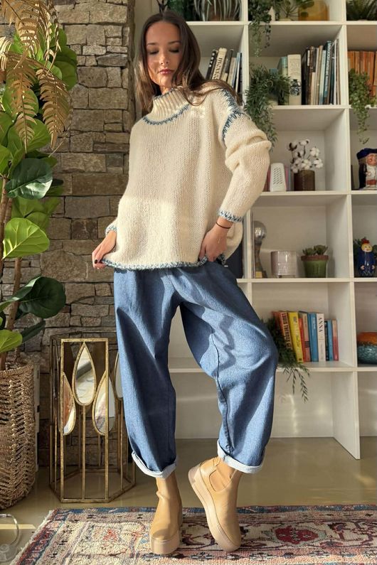  Big Softie Whipstitch Knit Jumper Ecru and Denim /2=